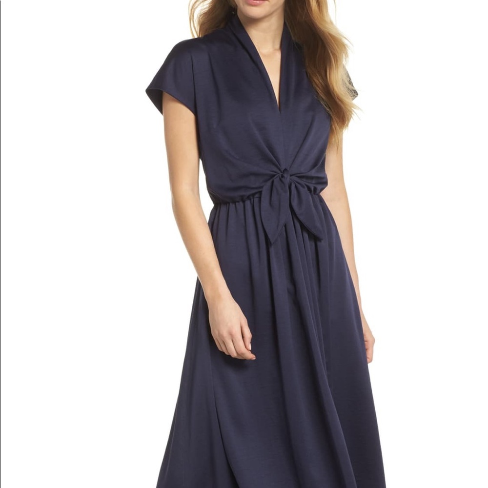 Gal Meets Glam Tie Waist Satin Midi Dress Navy